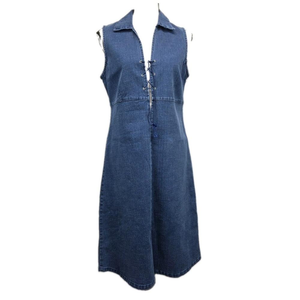 Vtg Denim A-Line Dress Size Med Lace‑Up Front Cowgirl Festival Y2K Western 3348